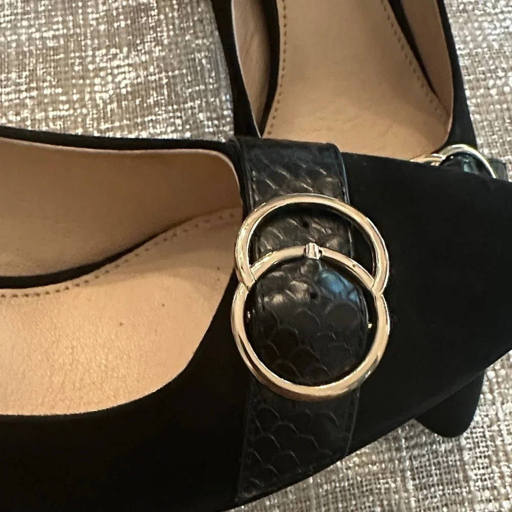 Michael By Michael Shannon Izabella Black Suade Block Heels Shoes with Buckle